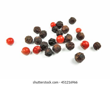 Red And Black Peppercorns, Isolated On White