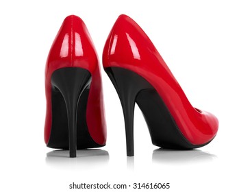 Red And Black Sole High Heels Isolated On White. With Clipping Path. 