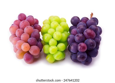 Red, Black And White (green) Grapes Isolated On Pure White Surface. 