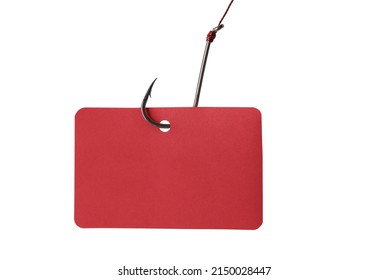 Red blank card with copy space hanging on fishhook. Isolated on white background