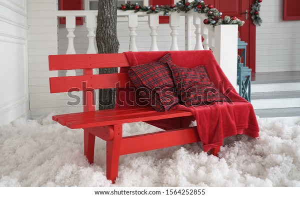 Red Blanket Cushions On Red Bench Stock Photo Edit Now 1564252855