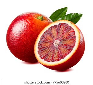 Red blood orange and half with leaf isolated on white background as package design element