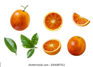 Red blood Orange slices fruit set with green leaves isolated on white background