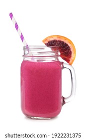 Red Blood Orange Smoothie In A Mason Jar Glass Isolated On A White Background