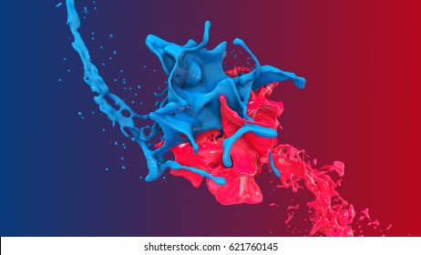 Red And Blue Abstract Liquid Collide In A Splash.