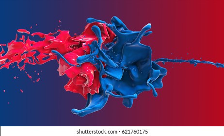 Red And Blue Abstract Liquid Collide In A Splash.