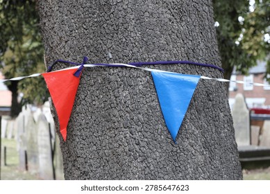 Red and Blue Bunting Flags Tied Around Tree Trunk in Quiet Cemetery Setting