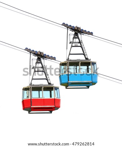 Red and blue cable car isolated on white background. Retro technology and transportation theme. 