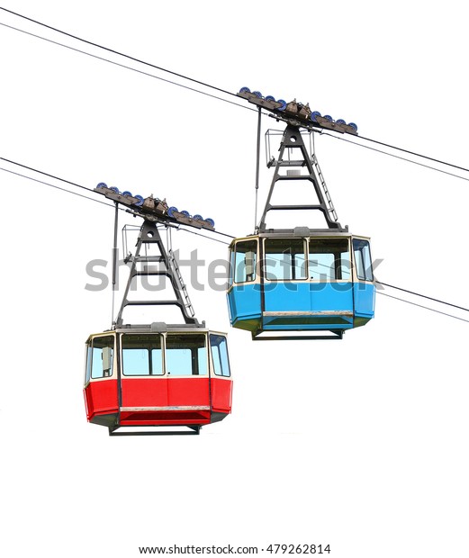 Red and blue cable car\
isolated on white background. Retro technology and transportation\
theme. 