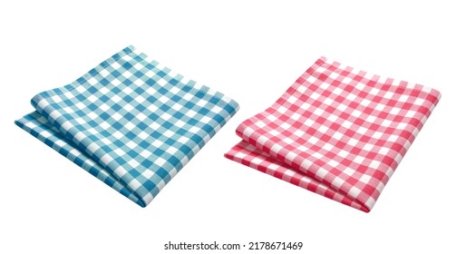 Red And Blue Checkered Tablecloth Top View Isolated On White, Food Decor Design Element.Folded Kitchen Towel. Picnic Cloth.Napkin.