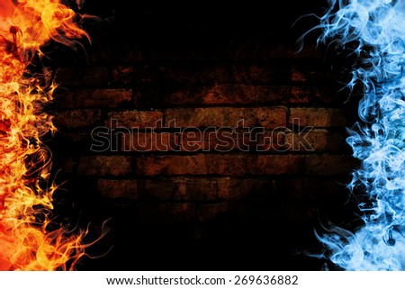 Red and blue fire frames on brick background.