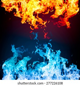 Red And Blue Fire On Black Background