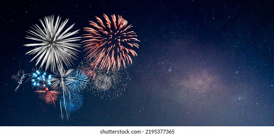 Red and Blue Firework with blur milky way background - Powered by Shutterstock