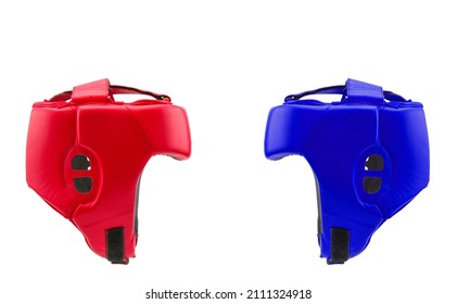 red and blue leather boxing helmet close-up. is isolated on a white background. head protection. sports equipment. confrontation - Powered by Shutterstock