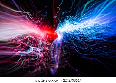 Red and blue light wave of energy with elegant glowing lines. Abstract technology background. High quality photo