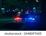 Red and blue lights of a police car close up in the evening, stock photo