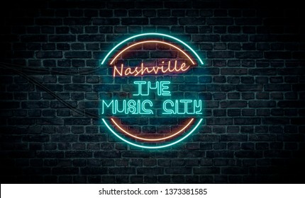 A Red And Blue Neon Light Sign That Reads:
Nashville The Music City