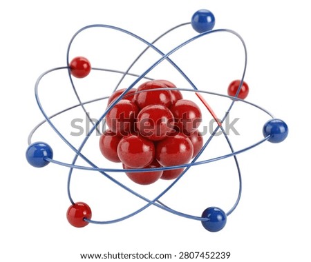 A red and blue plastic atomic model with orbiting electrons isolated on white transparent background.