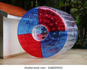  Red and blue roller zorb or zorbing roller by the pool side.                                  
