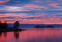 Red And Blue Sunset At Lake Zurich, Wonderful Evening Colors, Long Exposure