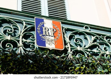 Red Blue White French Coat Of Arms Flag On City Hall In France Facade Of Building In Town