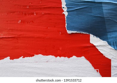 red blue white poster layers torn removed off a wall, ripped arty paper background 