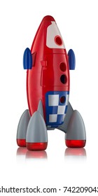 Red Blue And White Toy Plastic Childs Rocket Isolated On White