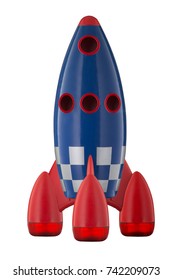 Red Blue And White Toy Plastic Childs Rocket Isolated On White