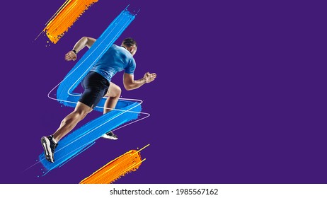 Red, Blue And Yellow Lines, Stripes. Sportive Athletic Man, Runner Training Isolated In Neon Light On Blue Background. Art Collage. Watercolor Paints. Concept Of Sport, Game, Action. Copy Space For Ad