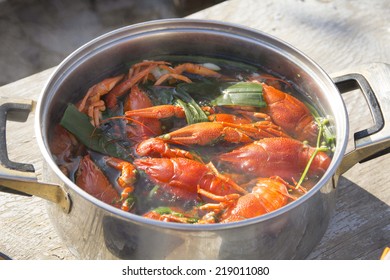 Red Boiled Crawfish In A Pot 