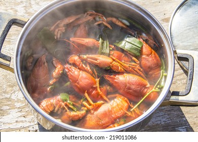 Red Boiled Crawfish In A Pot 