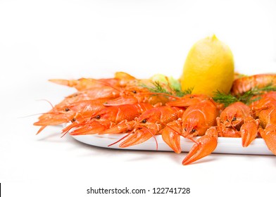 Red Boiled Crayfish On White Large Dish On White Background