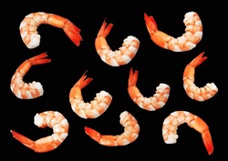 Red Boiled Shrimp Or Tiger Prawn Isolated With Clipping Path, No Shadow On Black Background, Cooked Seafood, Cooking Ingredient