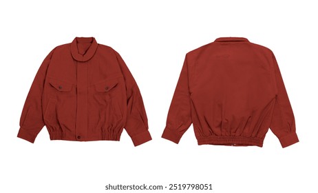 Red bomber jacket mockup, isolated on white background. Front and back views.