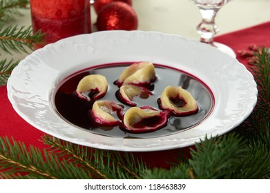 Red Borscht (Czerwony Barsz) With Mushroom Dumplings. Traditional Polish Christmas Eve Dinner / Supper.