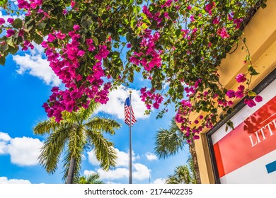 Red Bougainvillea US Flag Little Havana Miami Florida Little Havana is where many Cuban Americans live with Cuban South American restaurants and shops