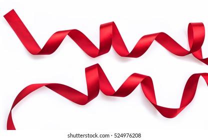 Red Bow Ribbon Satin Texture Isolated On White Background With Clipping Path