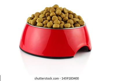 Red Bowl Methacrylate Food Container For Dog Or Cat With Food. Isolated On White Background.