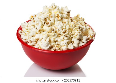 Red Bowl With Popcorn Isolated On White