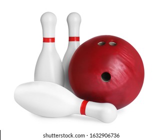 Red Bowling Ball And Pins Isolated On White