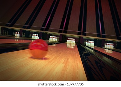 Red Bowling Ball Is Rolling On Wooden Lane. Ten Pins Are Waiting For The Shot.