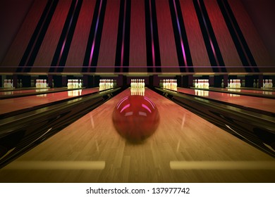 Red Bowling Ball Is Rolling On Wooden Lane. Ten Pins Are Waiting For The Shot.