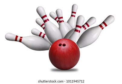Red bowling ball striking against pins in a ten-pin bowling game. Isolated on white background.