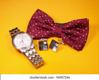 Red Bowtie, Pearl Cufflinks And Faschinable Watch