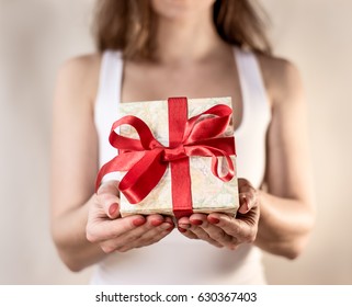 Red box present woman hands holding - Birthday romantic surprise