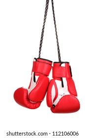 Red Boxing Gloves Hanging Isolated On White