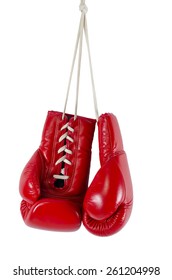 Red Boxing Gloves Hanging Isolated On White