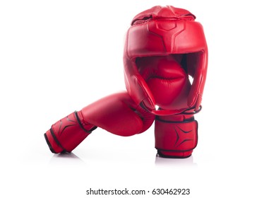 Red Boxing Head Guard With A Pair Of Red Boxing Gloves On White Background