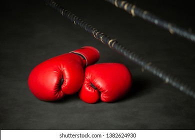 Red Boxing Sports, Boxing Glove On Boxing Ring In Gym 