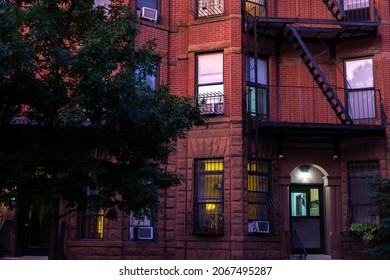 Red Brick Apartment Building In Park Slope In The Evening